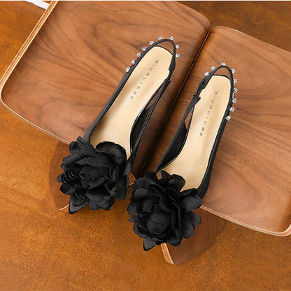 Luxury Satin Floral Designer Women Pumps Sexy Pointed-Toe Rhinestone Decoration Slingbacks Sandals Elegant Brown Party Shoes
