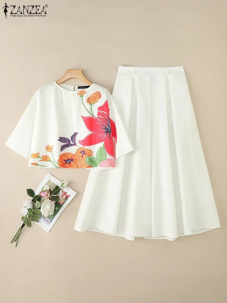 ZANZEA Fashion 2PCS Women Auutmn Pant Sets Two Piece Sets 3/4 Sleeve Printed Blouse Trousers Suit Elegant Work Tracksuits 2025