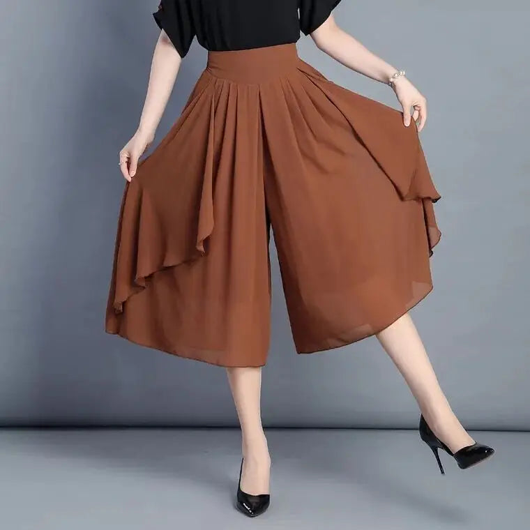 Women's Chiffon Wide-leg Pants for Spring and Summer—lightweight, High-waisted Culottes Available in Red,Green,Black,Blue,Camel.