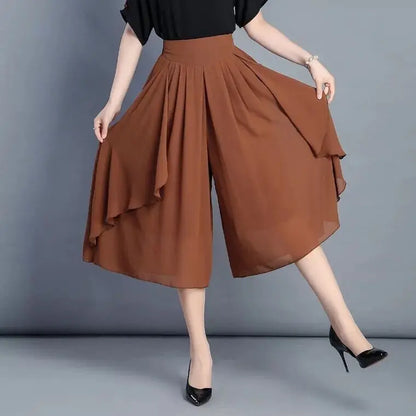 Women's Chiffon Wide-leg Pants for Spring and Summer—lightweight, High-waisted Culottes Available in Red,Green,Black,Blue,Camel.