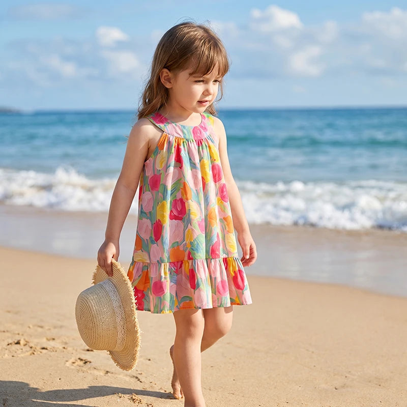 Summer Kids Halter Dress Sleeveless Tulip Floral Girls A-Line Dresses Ruffle Hem Children Sundress for Beach Vacation Wear