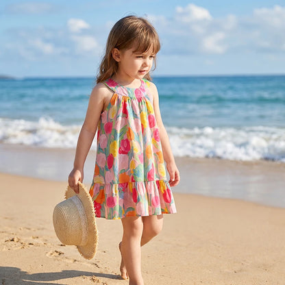 Summer Kids Halter Dress Sleeveless Tulip Floral Girls A-Line Dresses Ruffle Hem Children Sundress for Beach Vacation Wear