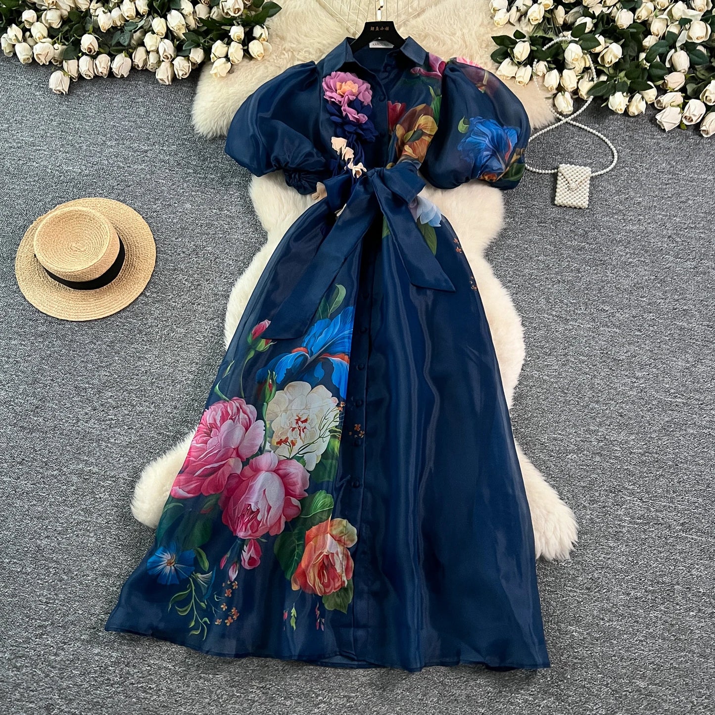 Chic vintage Sexy print mesh lace-up button Fairy Summer  Women Boho Sundress women clothing Long dress