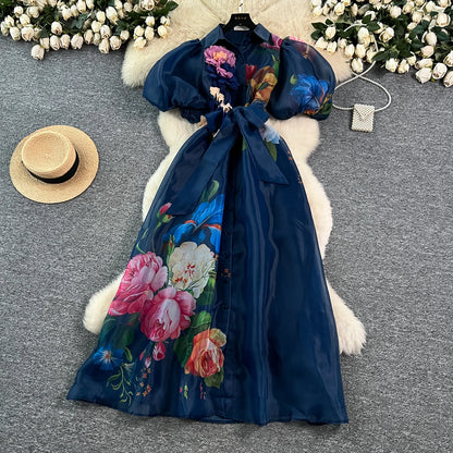Chic vintage Sexy print mesh lace-up button Fairy Summer  Women Boho Sundress women clothing Long dress