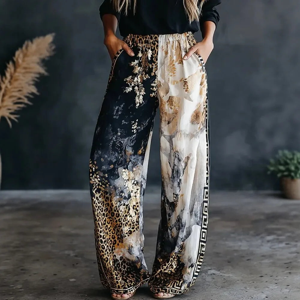 Women Color Block Leopard Print Wide Leg Pants Autum Elastic High Waist Loose Palazzo Trousers Casual Streetwear Holiday Pants