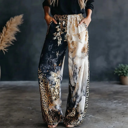 Women Color Block Leopard Print Wide Leg Pants Autum Elastic High Waist Loose Palazzo Trousers Casual Streetwear Holiday Pants