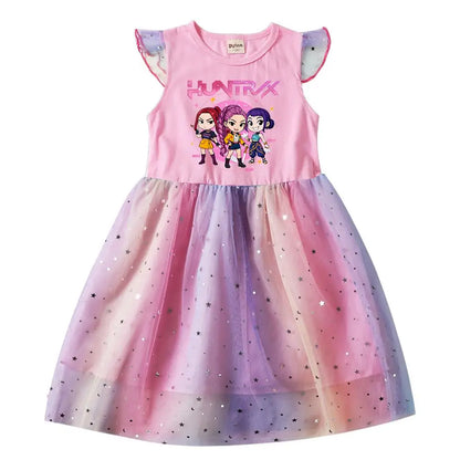 K-Pop Hunters Rumi Baby Girls Dress Children Cartoon Mesh Star Sequins Princess Dress Kids Flying Sleeve Skirt For Birthday Gift