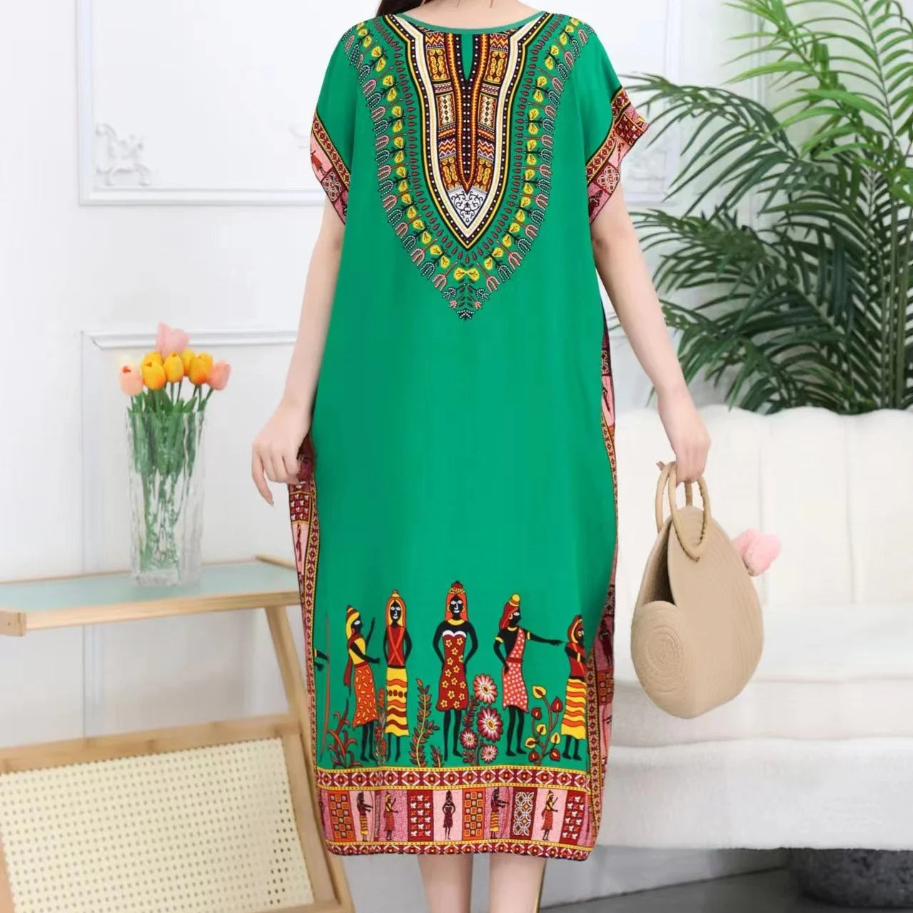 Women Bohemian Ethnic Printed Holiday Dress V-Neck Elastic Waist Casual Batswing Sleeve Mid Dress Elegant Vintage Retro Dress