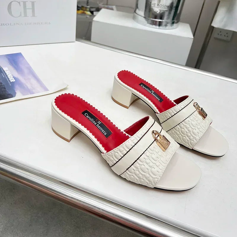 Women's Luxury Black Red Mule Sandals CH Brand Embossed Leather Upper Metal Lock Buckle Design Block Heel Slides for Daily Wear