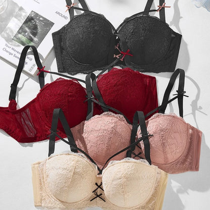 Half Cup Hot Bra for women Gathered Bowknot Brassiere Large Size Push Up Lace Tube Top Lace Big Chest Revealing Small Lace Bra