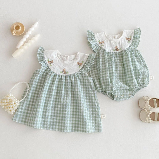 Baby Kid's Summer Plaid Dress 0-5Y Cute Embroidered Bunny Flying Sleeve Children's Dresses Sisters Clothing Baby Girls Bodysuit