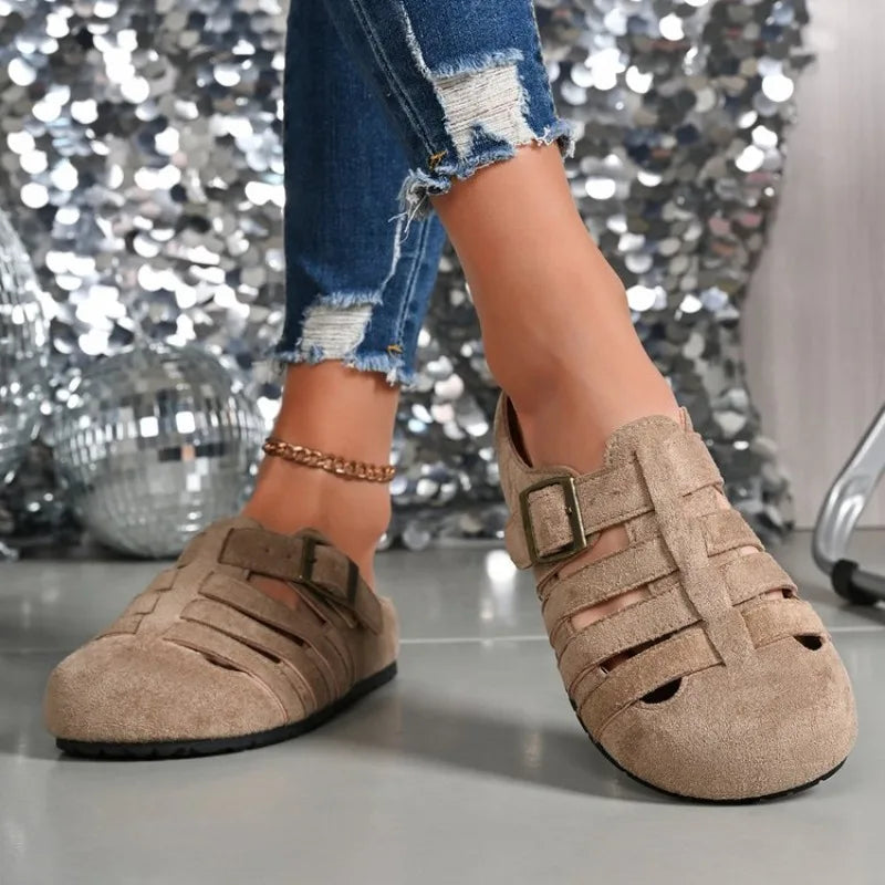 Women Summer Mules Suede Fisherman Shoes Closed Toe Buckle Cut-out Flat Casual Footwear Soft Sole Comfortable Slip-on
