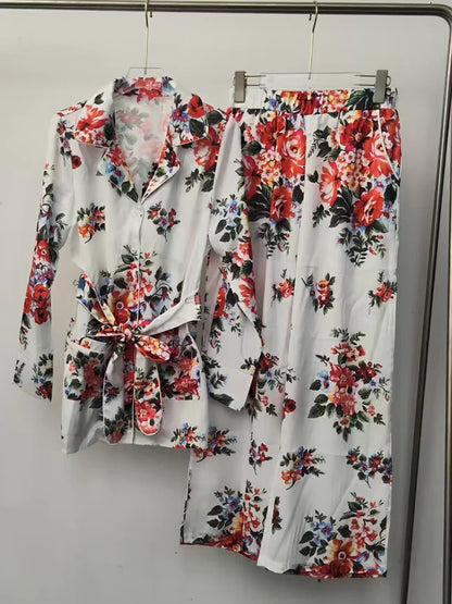 2026 Spring Women's Retro Geometric Printed Pajama Style Shirt Two Piece Set+Elastic Waist Loose Wide Leg Pants Fashion Set