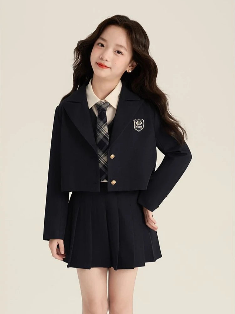Girls Preppy School Uniform Set 2026 Autumn New Elegant Blazer Shirt Vest Pleated Skirt Outfit for Children