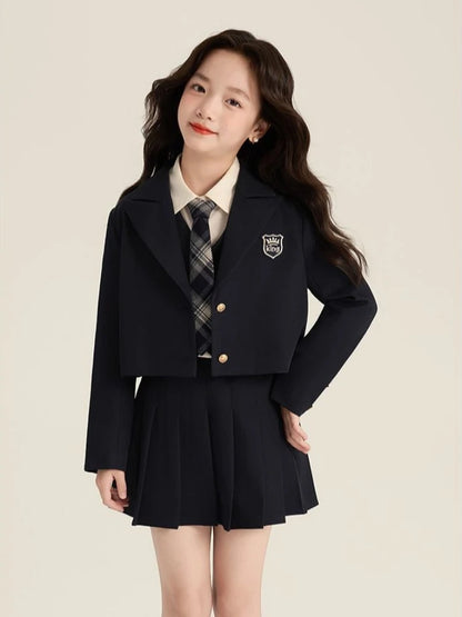 Girls Preppy School Uniform Set 2026 Autumn New Elegant Blazer Shirt Vest Pleated Skirt Outfit for Children