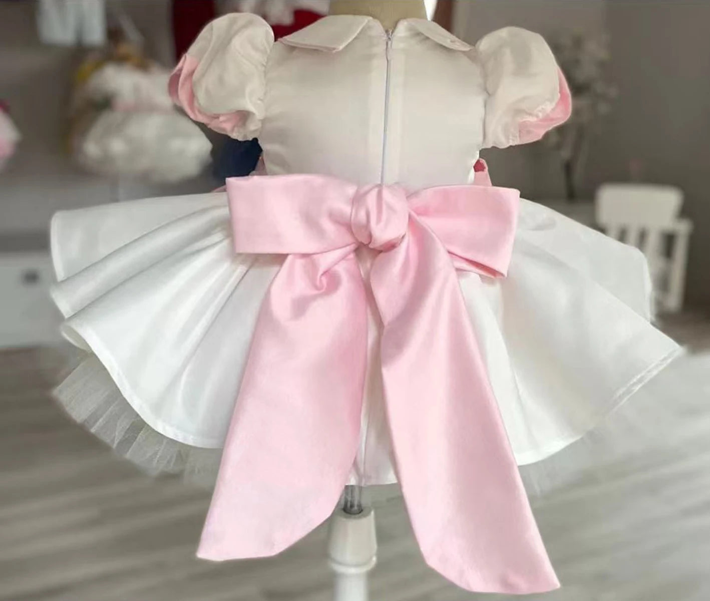 Summer Girl Elegant Swan Pink Bow Embroidery Pink Bow White Dress for Casual Party Birthday Wedding Photography  B621