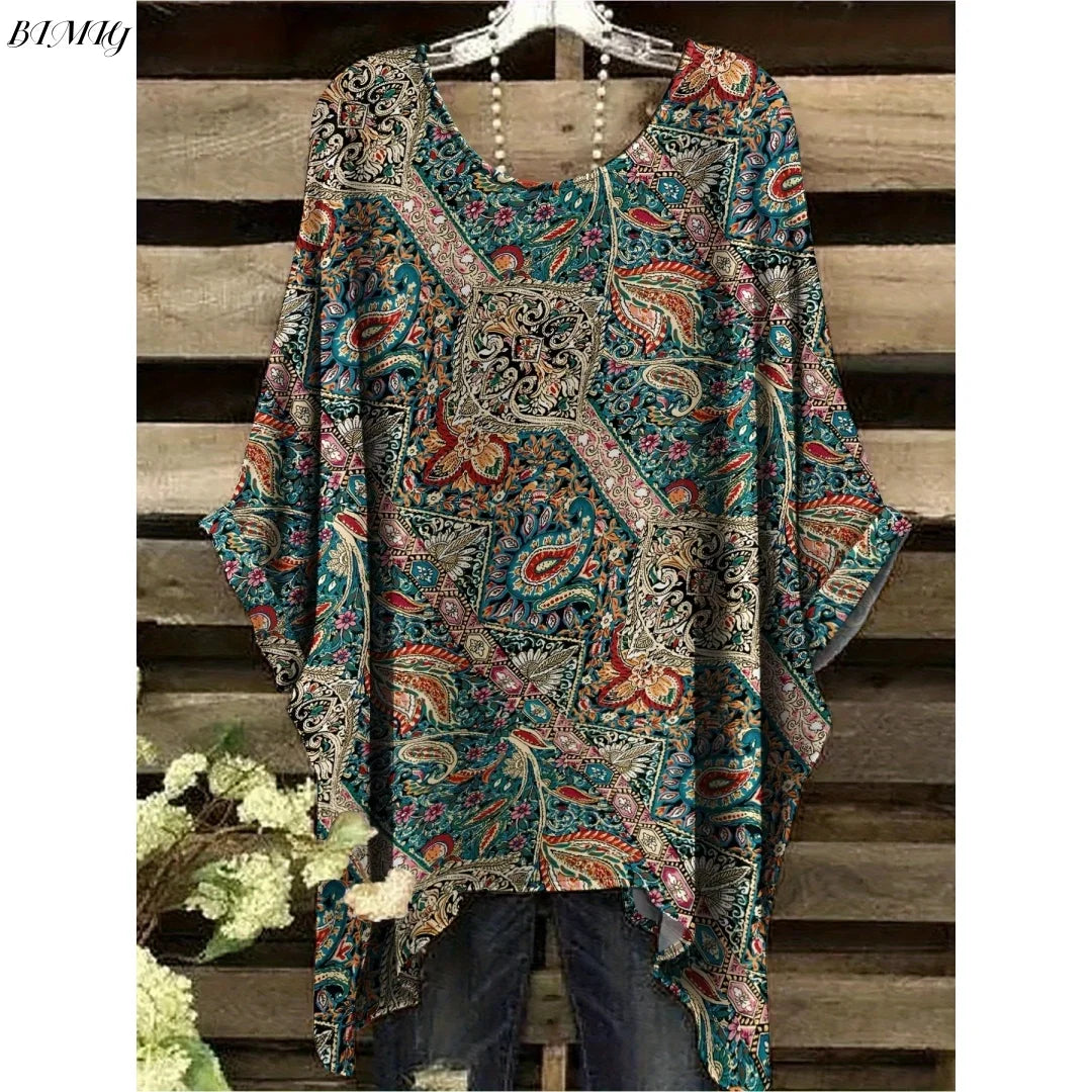 Bohemian Floral Tunic Plus Size Women's Bohemian Floral Print Tunic T-Shirt Short Sleeve Round Neck Casual Top Vibrant 2025