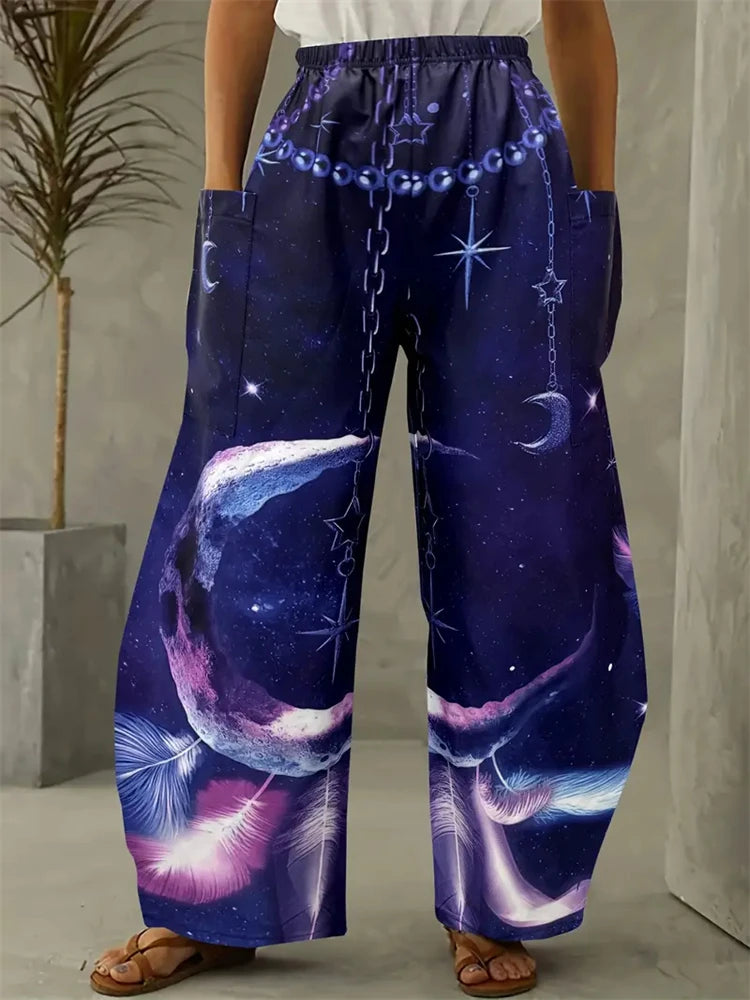 Women's Fashion New Wide-legged Pants Elegant 3d Sun, Moon And Star Printed Pants Women's Street Vintage Pants With Pockets