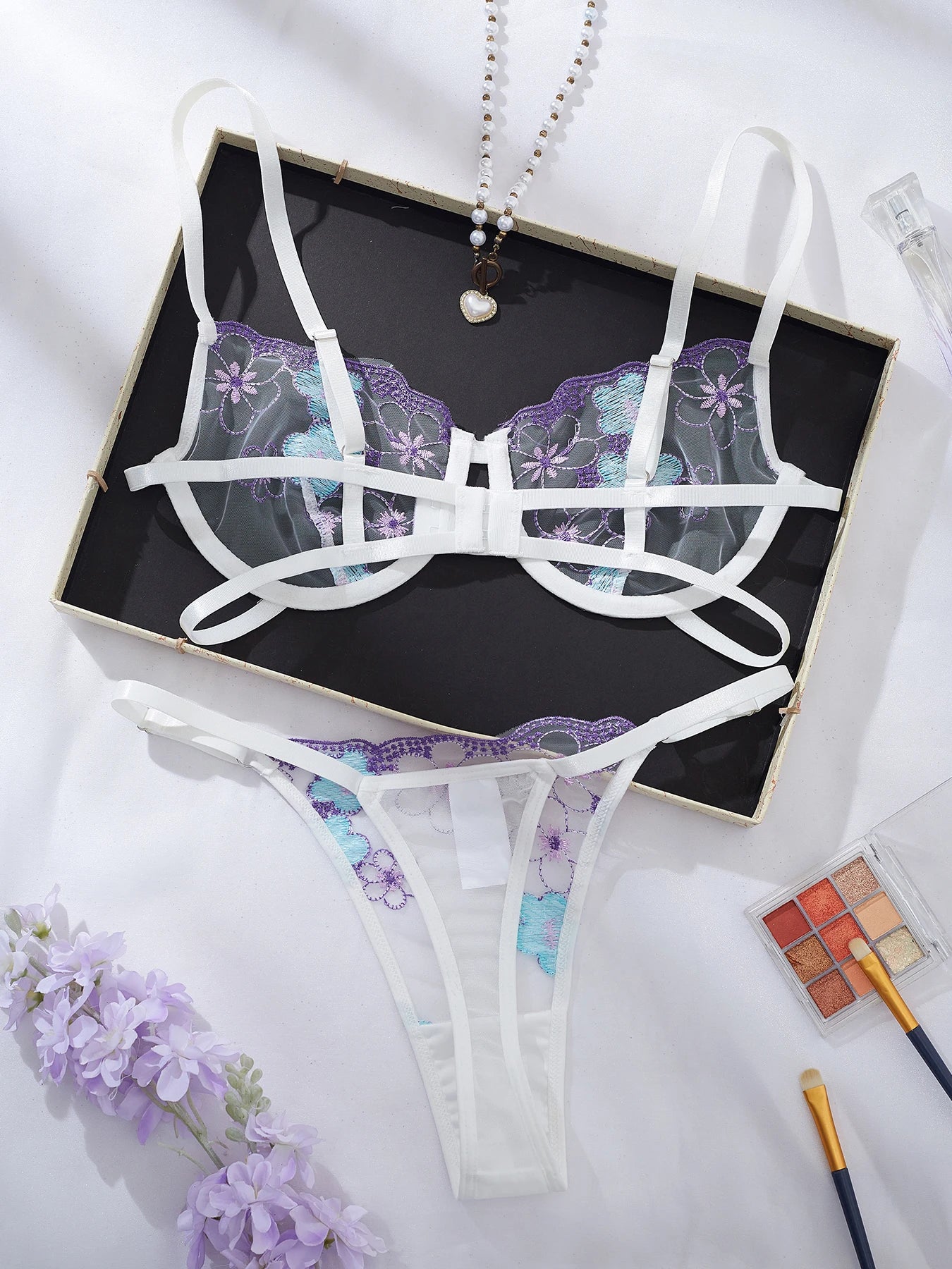 Women's Floral Embroidered Lingerie Set - Two-Piece Embroidered Bra Set - White Underwear Set