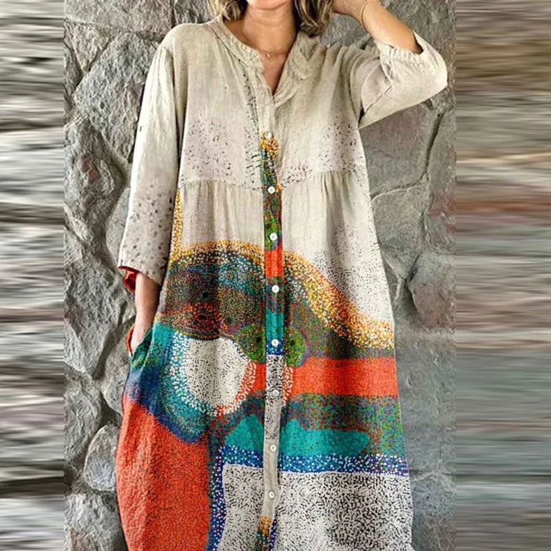 Bohemian Loose Single Breasted Dress Women's Casual O-neck Pocket Commuting Dress Spring Summer Floral Print Long Sleeved Dress