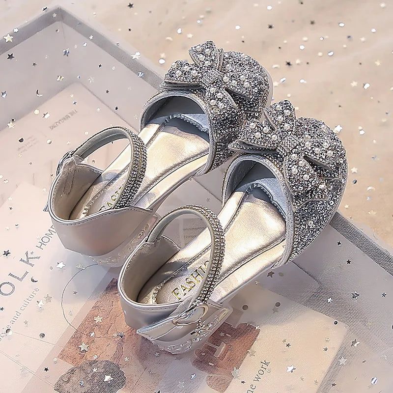 Kid's Sandals high Heels Pumps Rhinestone Bow Silver Party Breathable Shoes For Girl PU Leather Footwear for Kids Size 26-36