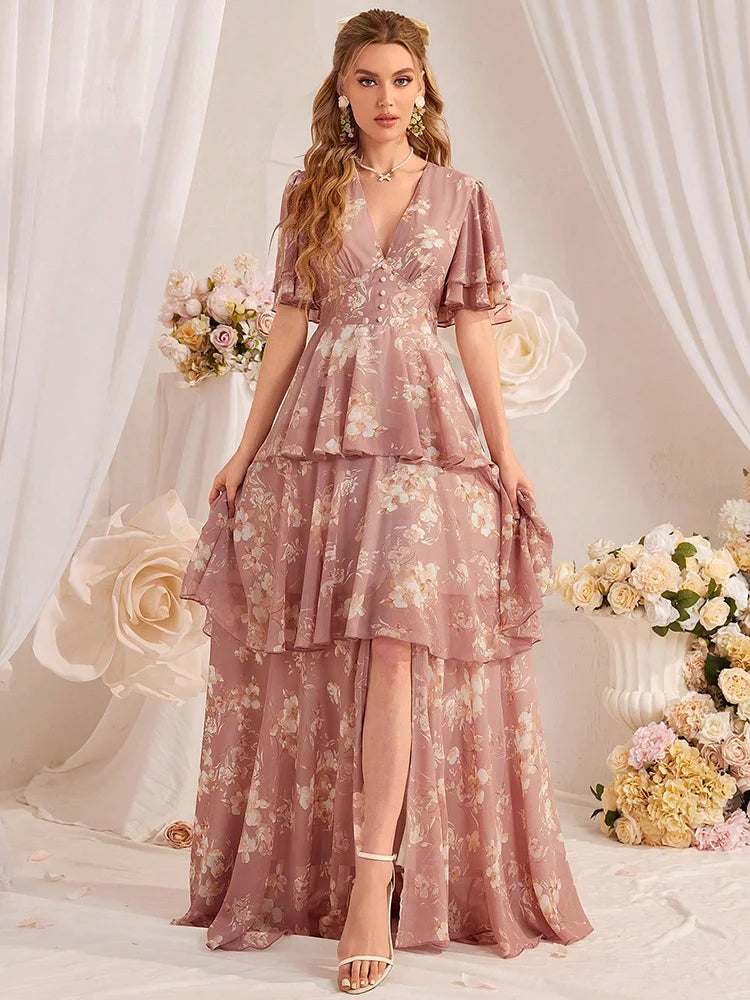 TOLEEN New in 2024 Casual Deep V-Neck Slim Floral Printed Tiered Ruffle Hem Long Dresses Fashion Summer Elegant Women's Clothing