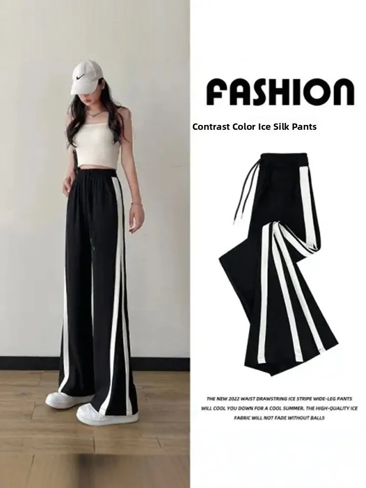 Ice Silk Wide Leg Pants Women Summer Thin High Waist Slimming Drapey Straight Casual Floor Length Trousers