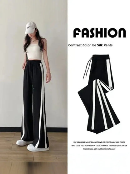 Ice Silk Wide Leg Pants Women Summer Thin High Waist Slimming Drapey Straight Casual Floor Length Trousers