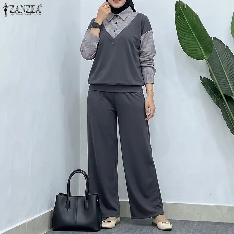 Autumn Outfits ZANZEA Women Casual Long Sleeve Stripe Patchwork Tops Shirt Elastic Waist Trousers Suit Muslim Matching Sets