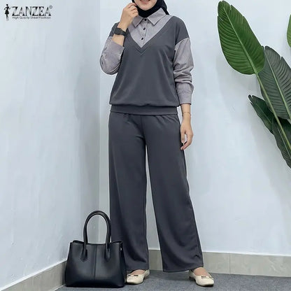 Autumn Outfits ZANZEA Women Casual Long Sleeve Stripe Patchwork Tops Shirt Elastic Waist Trousers Suit Muslim Matching Sets