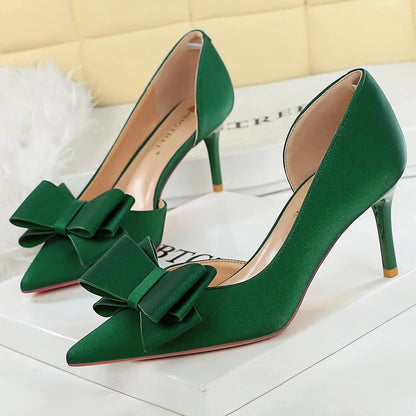 Large Size 43 Women Pumps Stilettos 7 cm Heels Women Shoes Silks Satins Kitten High Heels Three Layer Bowknot Design Women Heels