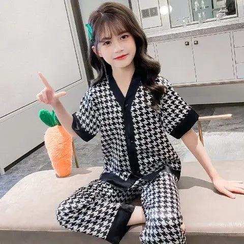 Girls Summer Ice Silk Pajamas Set Short Sleeve Princess Style Cooling Homewear for Kids