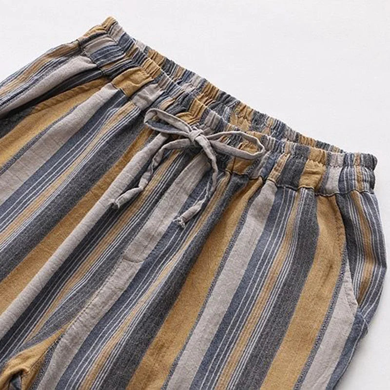 Striped Vintage Elastic High Waist Lace Up Cotton Linen Women's Pants Korean Fashion Wide Leg Ankle-Length Pants For Women 2024