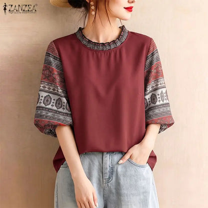 ZANZEA Woman Vintage Blouses Geometric Print Patchwork Lantern Sleeves Ruffled Collar Top Boemian Autumn Daily Wear Blusas Mujer