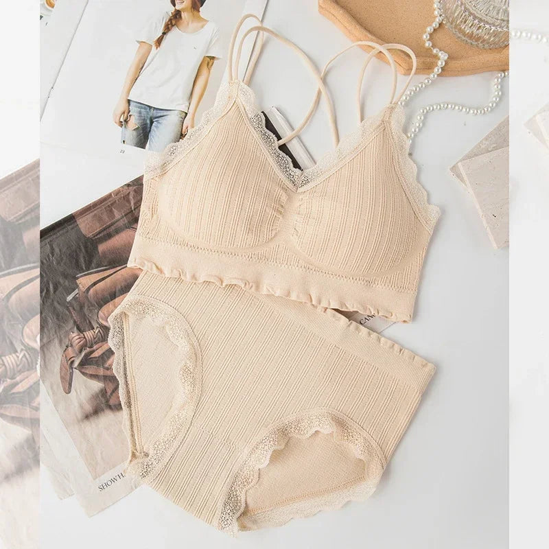 Sexy Seamless Tops Set High Waist Panties Women Wireless Underwear Suit Soft Padded Bras Set Backless Bralette Lingerie