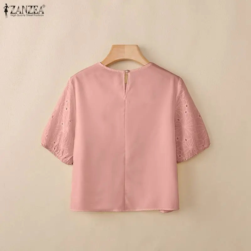 ZANZEA Woman Openwork Embrodiered Blouses Casual O-Neck Short Puff Sleeve Solid Color Tops 2026 Summer Patchwork Blusas de Mujer