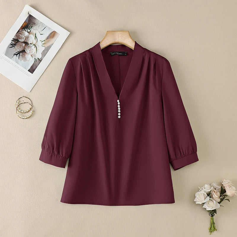 ZANZEA Women Sophisticated Pearls Detail Blouses V-Neck Pleated 3/4 Puff Sleeve Solid Color Tops Office Elegant Blusas de Mujer