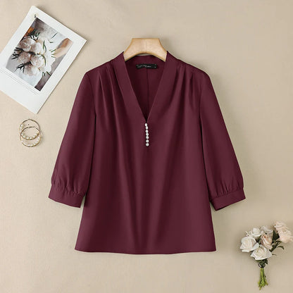 ZANZEA Women Sophisticated Pearls Detail Blouses V-Neck Pleated 3/4 Puff Sleeve Solid Color Tops Office Elegant Blusas de Mujer