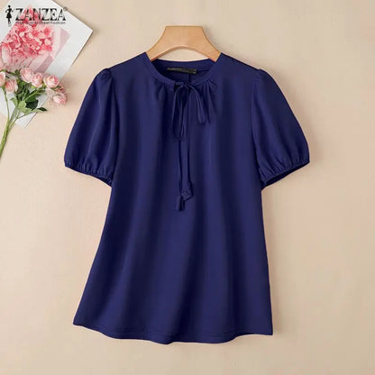 ZANZEA 2026 Woman Elegant Tie Neck Blouses Puff Short Sleeve Solid Color Tunic Tops Summer Casual Daily Wear Blusas Mujer S-3XL