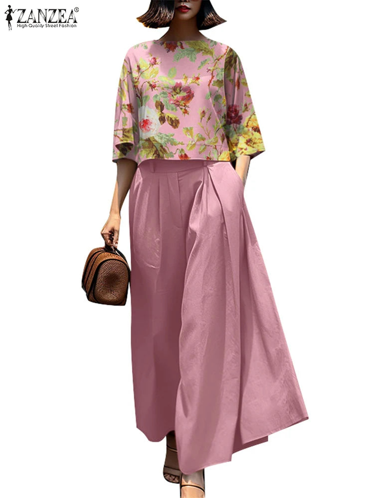 2026 ZANZEA Summer Pant Sets Fashion 2PCS Women Matching Sets O Neck 3/4 Sleeve Blouse Wide Leg Trousers Suit Casual Outfits