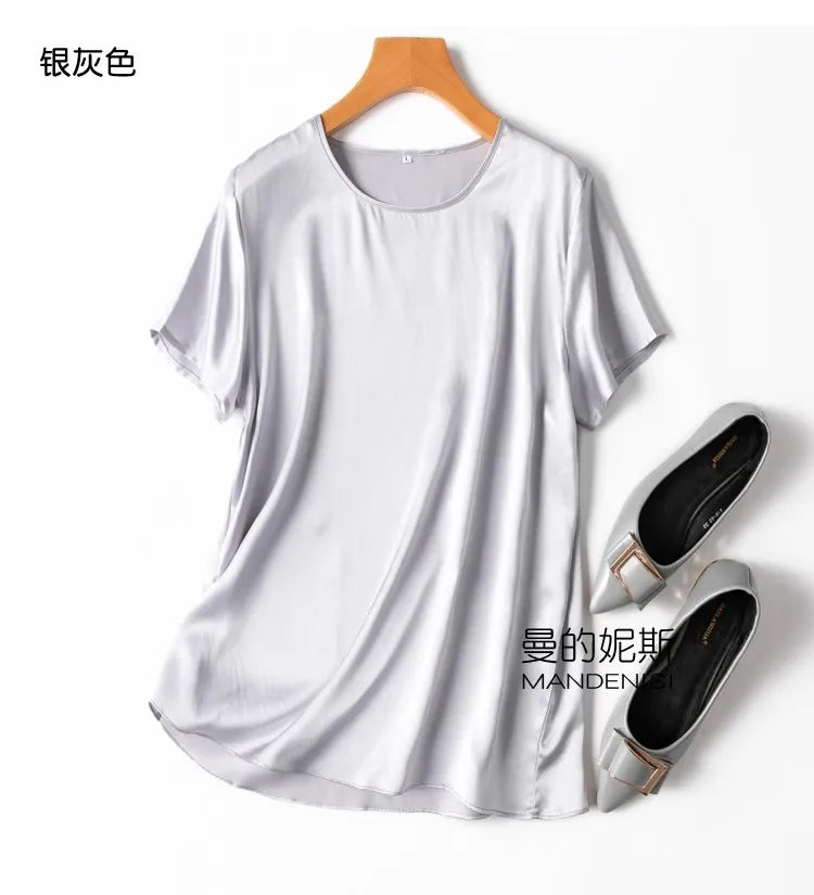 ZVAQS 100% Mulberry Silk T Shirts Woman Elegant Satin T Shirt 27 Colors High Quality Silk Summer Tops 2025 Women Clothing Топ