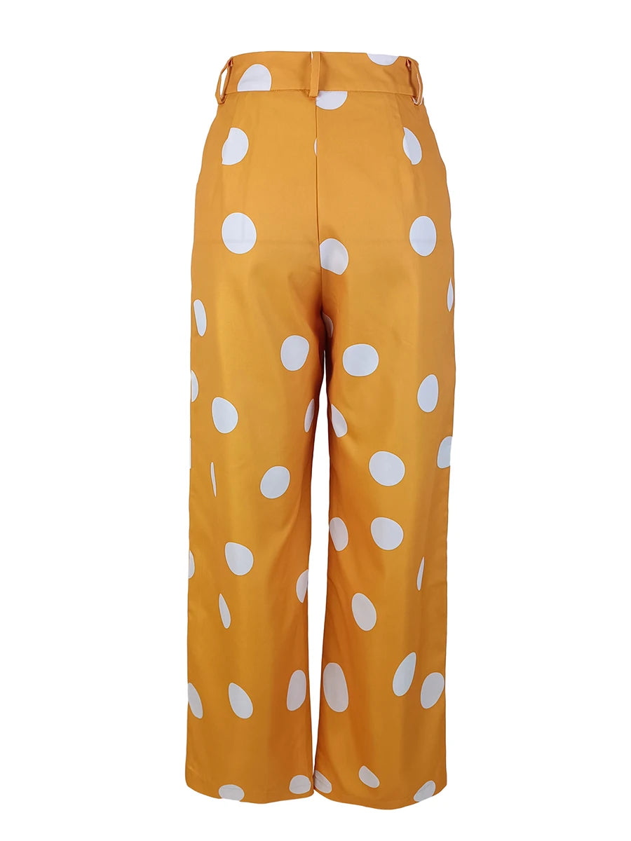 Plus Size Polka Dot Wide Leg Pants Women Summer High Waist Casual Loose Yellow Palazzo Trousers with Pockets Fashion Streetwear
