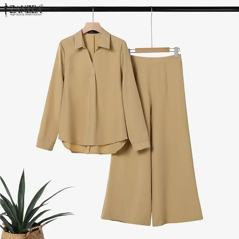 2026 ZANZEA Office Lady Pants Sets Women V Neck Long Sleeve Tops Wide Leg Trousers Suit 2026 Spring Solid Work Outfits Tracksuit