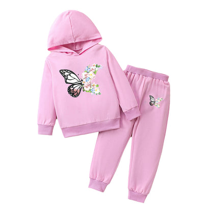 Kids Soft Casual Workout Outfit Girls Cute Butterfly Print Outfit Tracksuit Long Sleeves Hoodie with Pants Outdoor Sports Wear