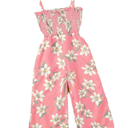 Summer fresh casual children's clothing, girls' pink lily print suspender, waist cinched wide leg pants, jumpsuit