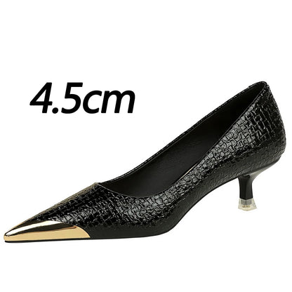 Retro High Heels Snake Patterned Patent Leather Women Pumps Stilettos Banquet Shoes Sexy Party Shoes Metal Tip Ladies Heels 2026