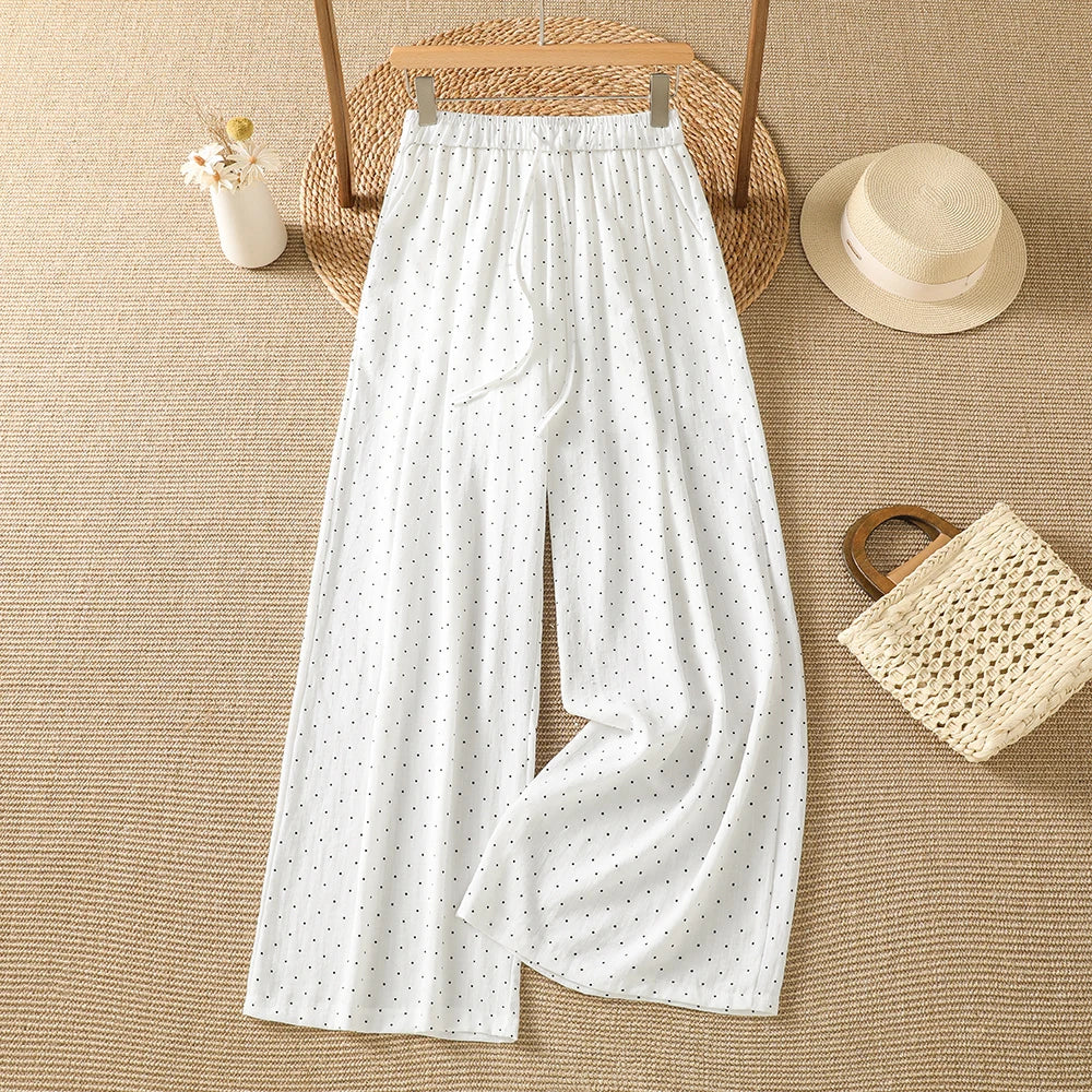 Summer New Vintage Small Polka Dot Loose Casual Wide Leg Pants Drawstring Waist Elastic Cotton Ladies Trousers