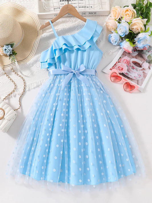 Girls' Fashionable Summer Outfit, Solid Color Ruffled Strap Dress with Mesh and Polka Dot Print, Mid-Length Dress for Older Girls, Casual, Soft, Versatile, Youthful and Energetic Dress for Girls, Beautiful and Cute Children's