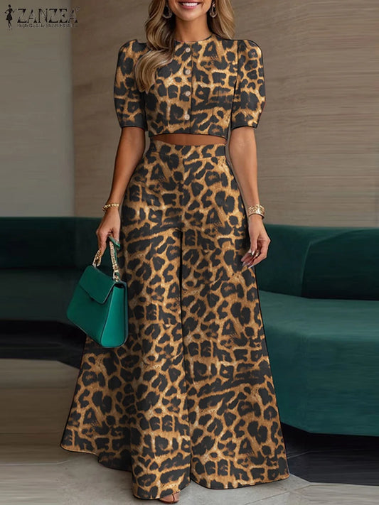 ZANZEA Leopard Print 2 Pieces Sets Woman Street Fashion Puff Sleeve Short Tops Wide Leg Pants 2pcs Suits Outfits OL Pant Sets