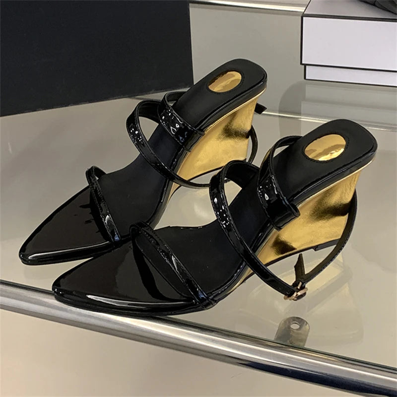 Elegant Wedge Peep Toe Women Sandals Sexy Pointed Toe High Heels for Ladies Summer Street Style Cross-Strap Sandalias De Mujer